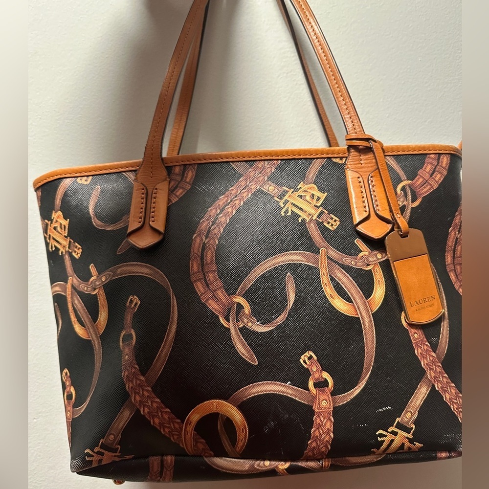 Ralph Lauren Black/Brown Equestrian Print PVC And Leather Shopper Tote - Picture 2 of 8
